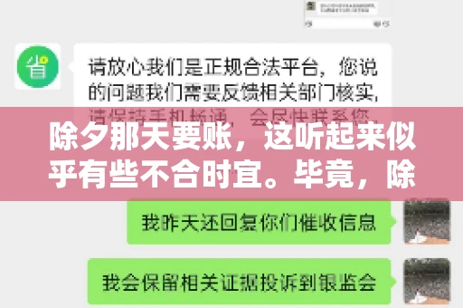 除夕那天要账，这听起来似乎有些不合时宜。毕竟，除夕是团圆的时刻，家家户户都在享受着节日的欢乐。然而，在现实生活中，总有一些人因为各种原因，不得不在这样一个特殊的日子里，去处理一些不那么愉快的事情，比如要账。今天，我们就来聊聊这个话题，看看在除夕那天要账，究竟是一种怎样的体验。
